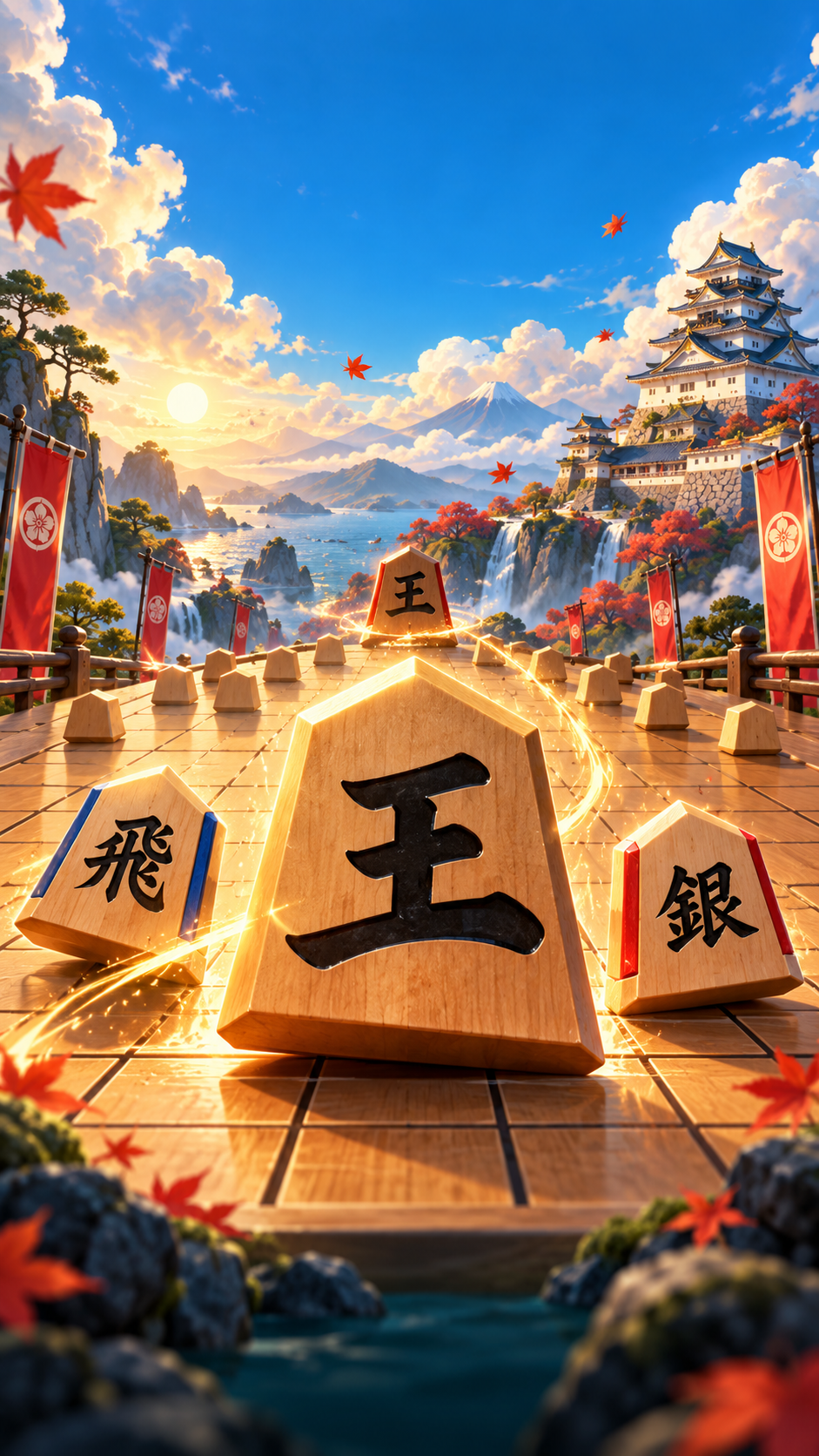 光の中へ進む王将と将棋の駒